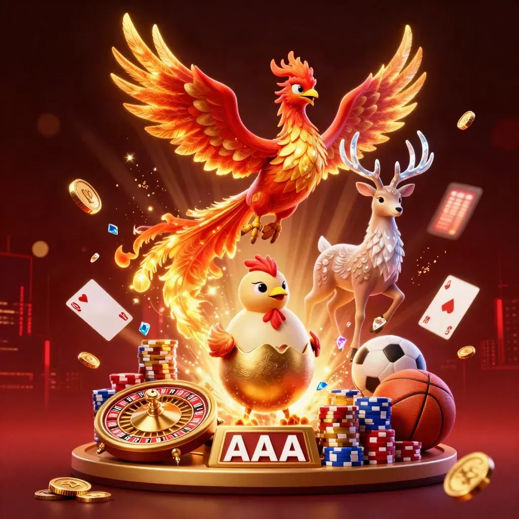 Phoenix, stag and casino icons burst over a dark skyline with coins, cards, chips and glowing light.