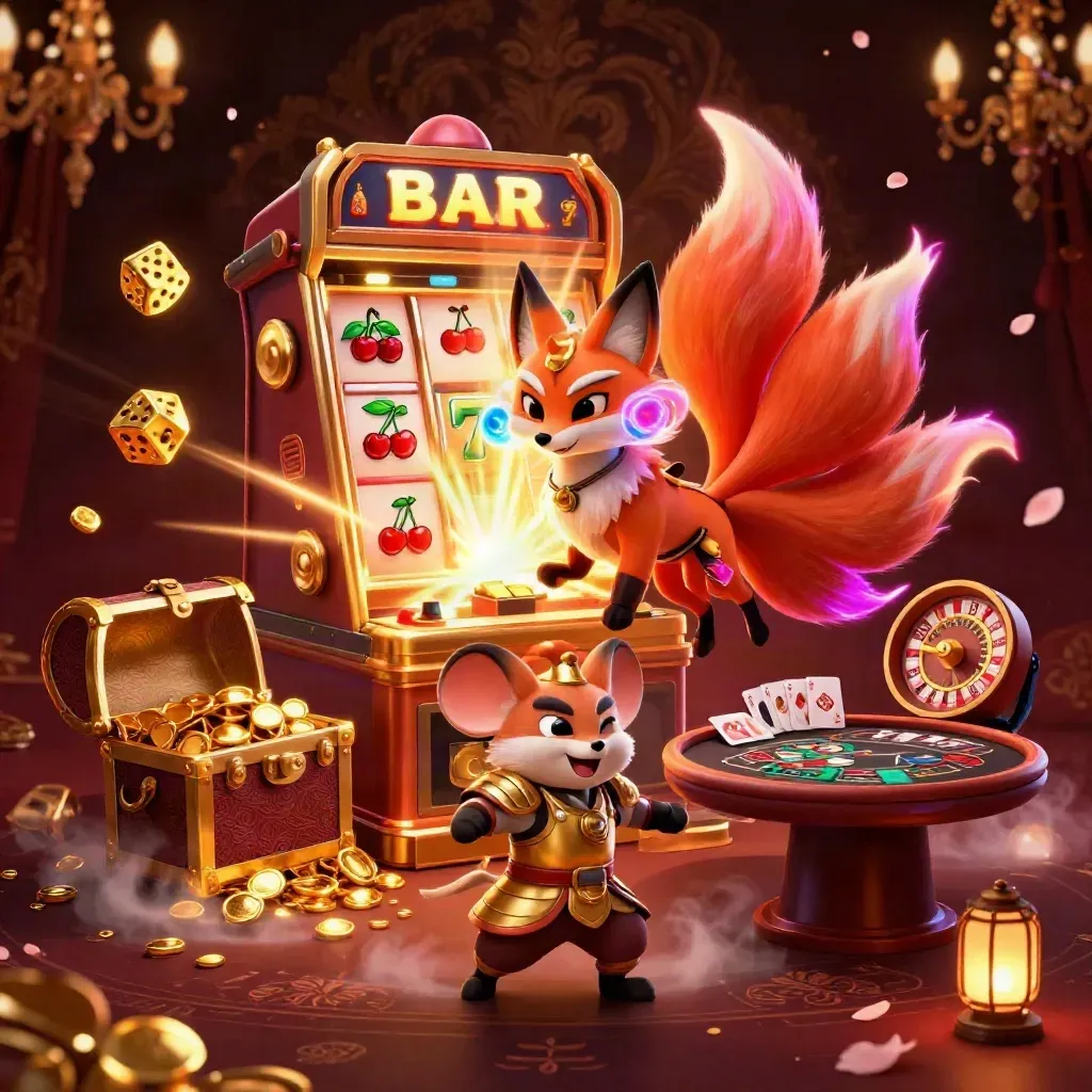 Fox spirit and samurai mouse amid casino luxury, slot burst, dice, roulette, and gold.