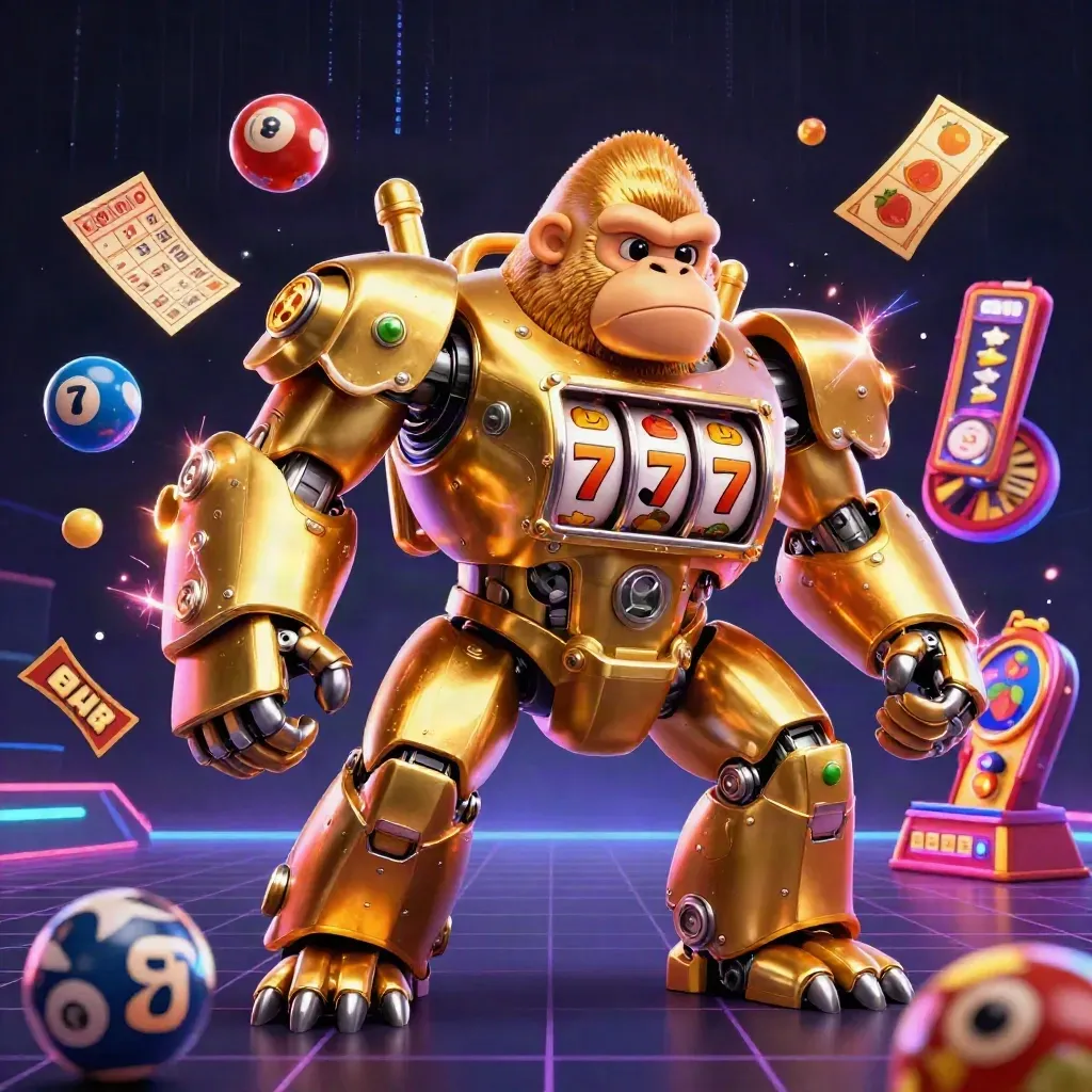 Golden gorilla mech with tiny monkey pilot amid lottery balls, bingo card, prize wheel, and neon energy.
