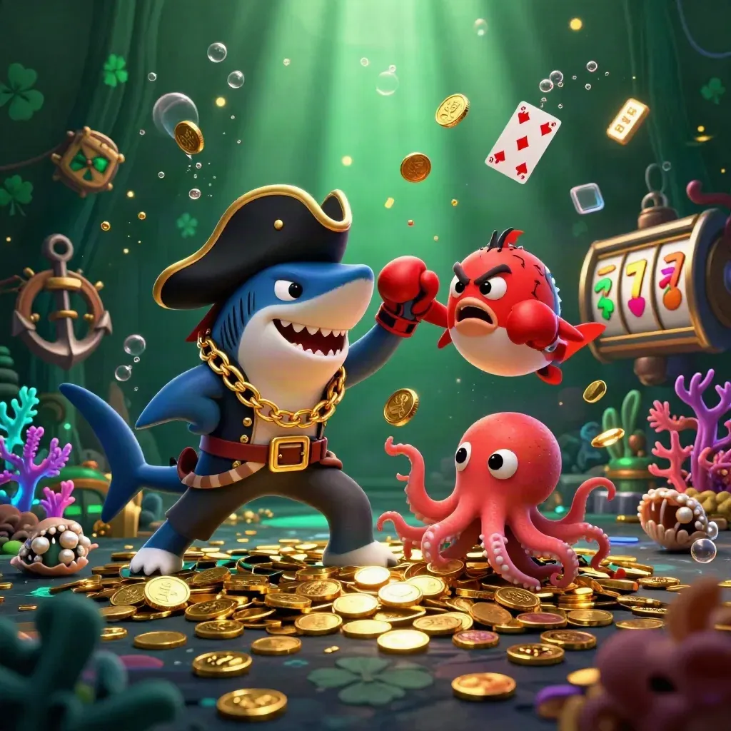 Shark pirate, boxing pufferfish and coin-juggling octopus in a gold-lit underwater treasure cove.
