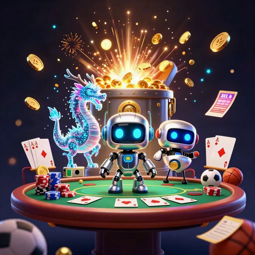 Robot, dragon and drone amid casino treasure burst, chips, cards, sports props and neon fireworks.