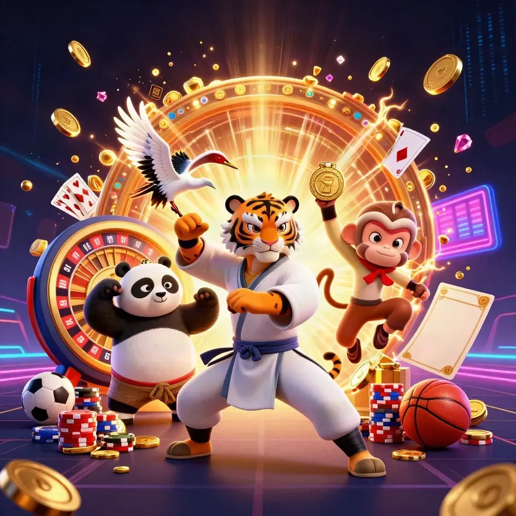 Tiger, panda and monkey in casino action amid gold coins, roulette wheel and neon sparks