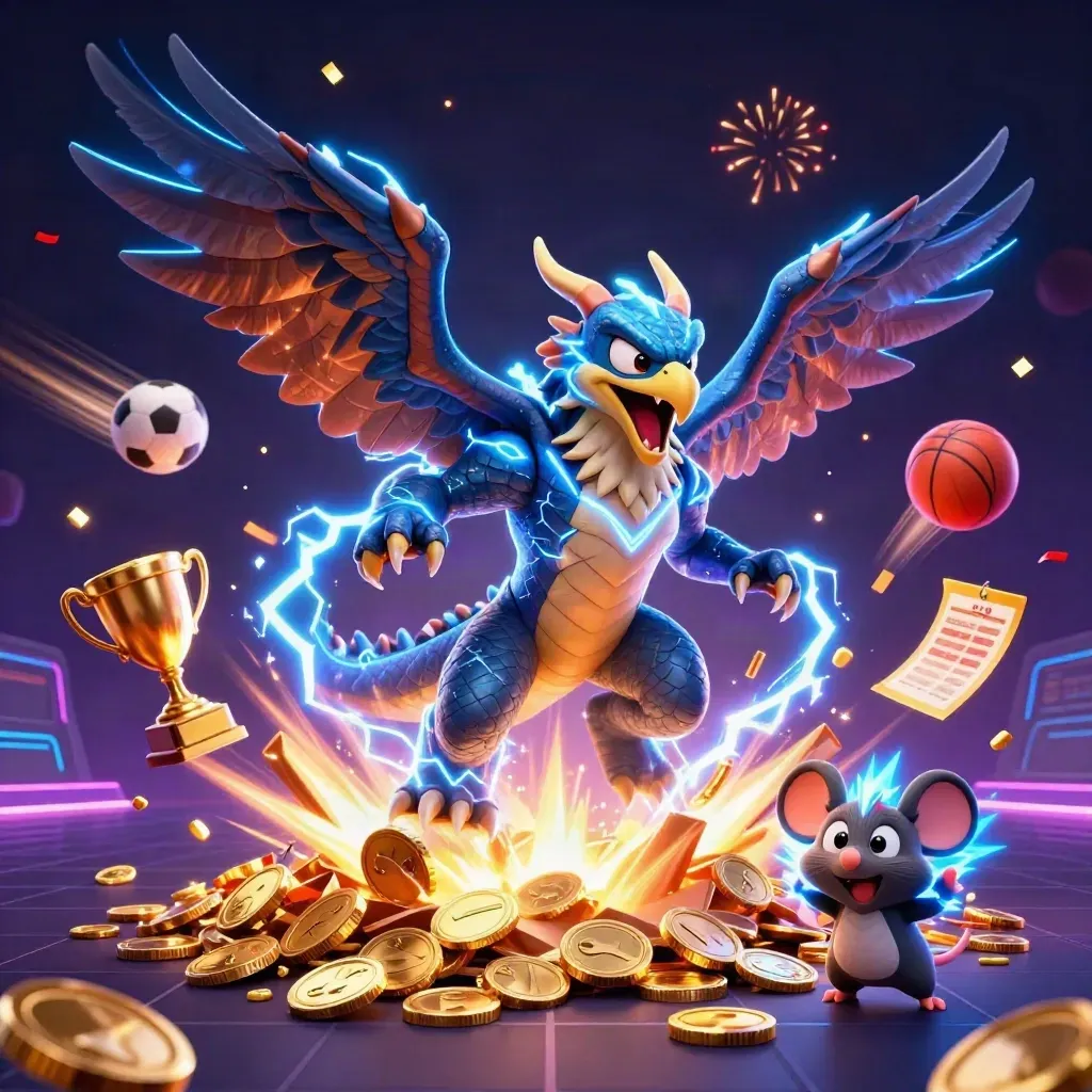 Thunder dragon, hawk and mouse amid gold coins, vault burst, sports balls and fireworks.