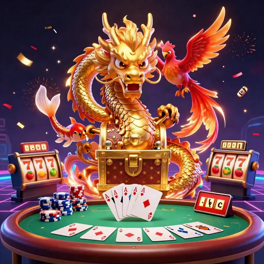 Golden dragon, phoenix and koi explode around casino chips on a dark neon grid.