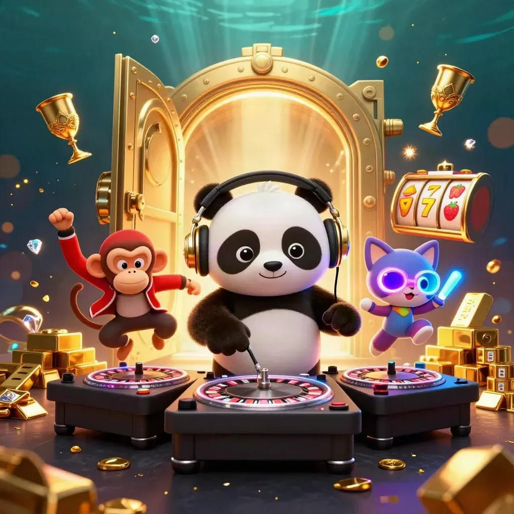 DJ panda, dancing monkey and glow-stick kitten amid gold vault bursts in a neon casino splash.
